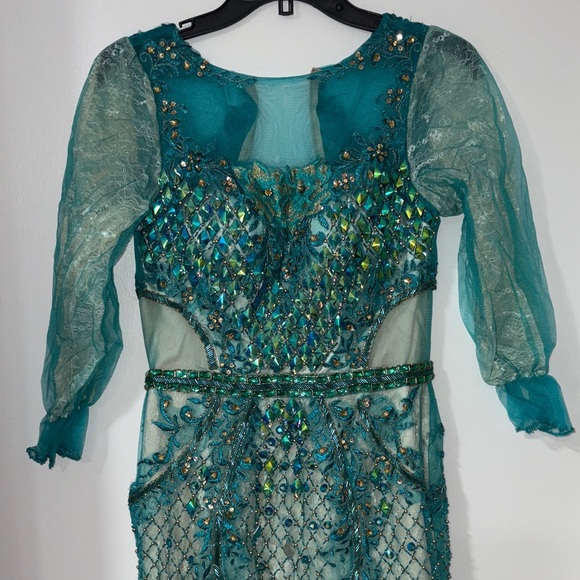Glamorous Teal Embellished Long Sleeve Dress